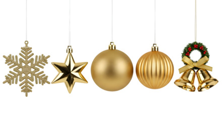 Golden christmas ornaments isolated on transparent background for festive decoration