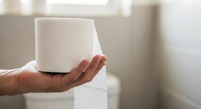 Conceptual observance of World Toilet Day featuring roll of toilet paper held in human hand against bathroom background. World Toilet Day promotes sanitation: access to clean toilets and hygiene,