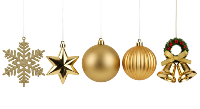 Golden christmas ornaments isolated on transparent background for festive decoration