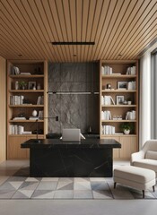 Fototapeta premium Modern Home Office with Slatted Wooden Ceiling Built-in Bookshelves and Black Desk