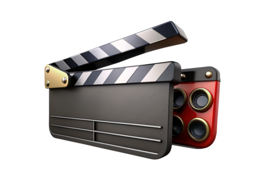 Film clapperboard with red speaker system, cinema production tool, entertainment industry equipment, isolated on a transparent background