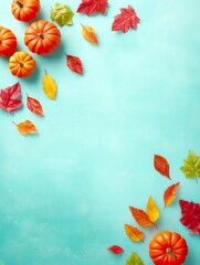 Thanksgiving feast with golden roasted turkey, orange pumpkin pie, crimson apples, and fall leaves on rustic wooden table, celebrating harvest season with family and gratitude