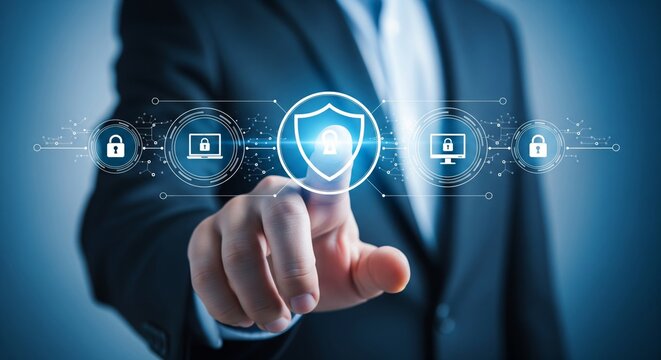 Cybersecurity Hologram — Finger Activating Shield Lock with Laptop and Monitor Lock Icons