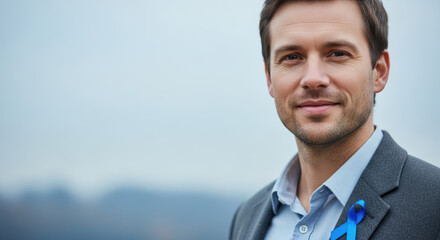 Blue November awareness campaign features handsome man wearing blue ribbon as symbol of support. Blue ribbon symbolizes prostate cancer awareness, men's health campaign, and emotional solidarity.