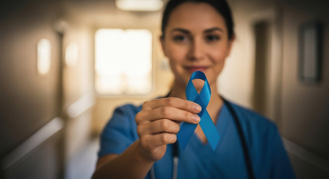 Holding blue ribbon in support of Blue November awareness campaign, caring nurse shows awareness ribbon to promote support. Holding blue ribbon symbolizes empathy in Blue November,