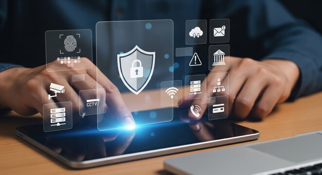 Cybersecurity Hologram Over Tablet — Shield Padlock, Fingerprint & Cloud Sync Icons - Powered by Adobe