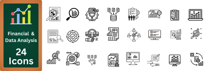 Collection of 24 financial and data analysis icons in a clean line art style isolated on transparent background