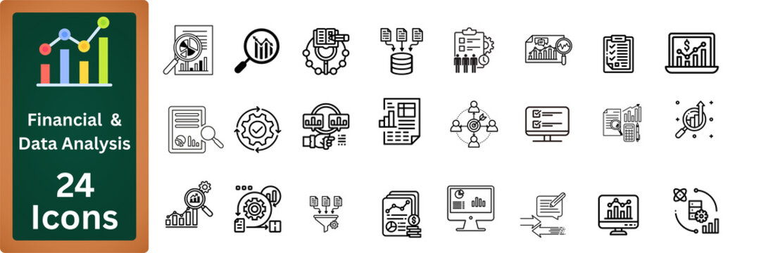 Collection of 24 financial and data analysis icons in a clean line art style isolated on transparent background - Powered by Adobe