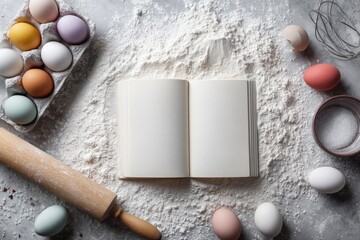 Open cookbook surrounded by colorful eggs, flour, and baking tools on a gray surface