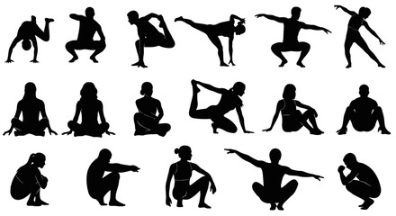 Dynamic yoga poses silhouette collection for wellness brands and flexible lifestyle campaigns, promoting mindfulness and physical health in a modern design asset.