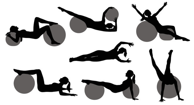 Dynamic fitness ball workout routine silhouettes for modern wellness and flexibility promotion, showcasing strength and balance in a health-conscious lifestyle