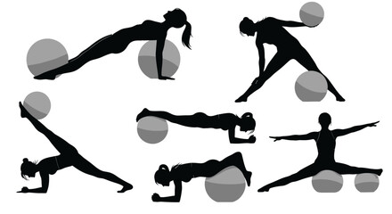Dynamic fitness routine featuring women in silhouette using exercise balls for core strength, balance, and flexibility training, promoting wellness lifestyle.