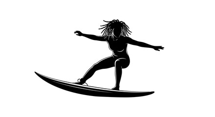 Dynamic silhouette of surfer girl riding wave with skill and style, perfect for sports brands and active lifestyle campaigns, conveying freedom and adventure
