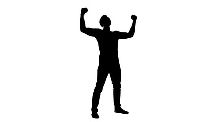 Silhouette of triumphant man celebrating success with arms raised high, a symbol of achievement and victory against a clean white background