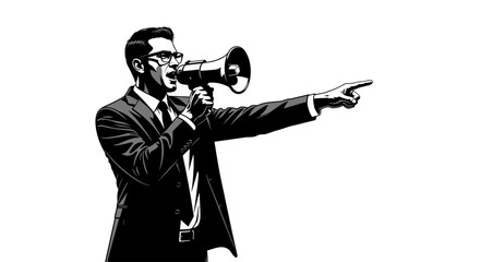 Powerful businessman shouting through megaphone with assertive energy, pointing the way forward with confidence, a dynamic black and white illustration