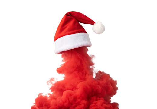 Red Santa Claus hat on billowing red smoke, festive holiday decoration, isolated on a transparent background