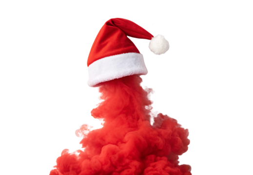 Red Santa Claus hat on billowing red smoke, festive holiday decoration, isolated on a transparent background