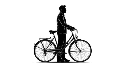 Obraz premium Stylish silhouette of a man with his bicycle, a perfect visual for sustainable travel campaigns or urban lifestyle brands, simple and elegant vector art