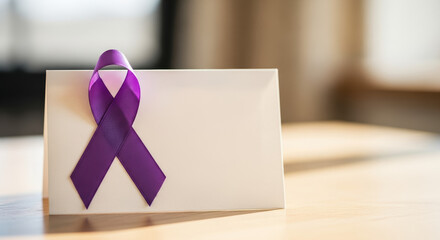 Celebrating Epilepsy Awareness Month with purple ribbon symbol on white card. Epilepsy Awareness Month is important for health and medicine, show love and support for those dealing with the condition.