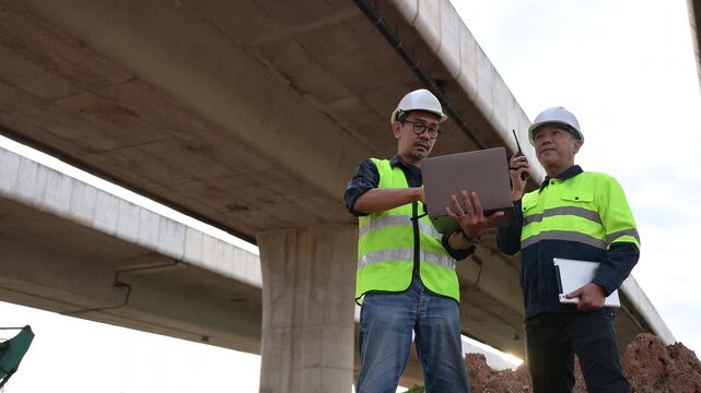 Engineering Collaboration: Two professionals wearing high-visibility vests and hard hats work together, using a laptop, on a bridge project. Showing precision and expertise.
