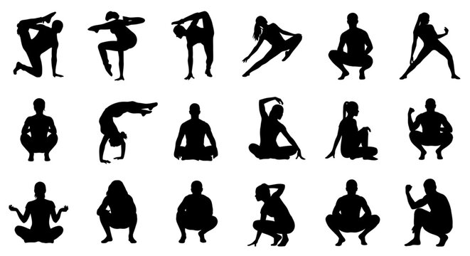 Dynamic fitness silhouettes in action poses for a healthy lifestyle campaign or wellness program promoting strength, flexibility, and balance training
