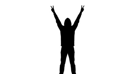 Silhouette of a joyful person with arms raised in victory and peace on white backdrop, ideal for positive messages and impactful visuals