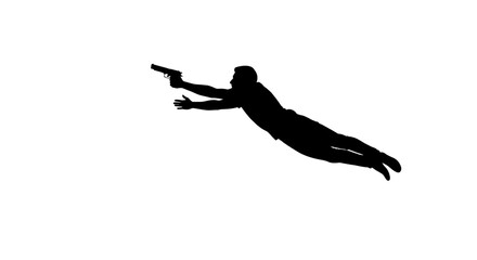 Dramatic silhouette of a man suspended in mid-air holding a pistol, suggesting action, danger, and suspense for thrilling narratives and edgy visual stories
