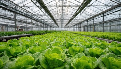 Rows of vibrant green lettuce plants in a large, modern greenhouse