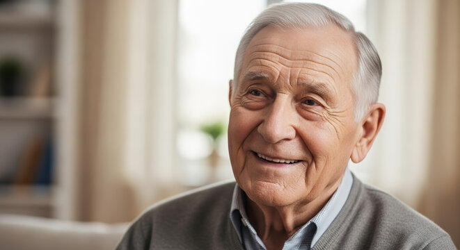 Portrait senior man smiling in his living room, showing caring in Family Caregivers Month. Elderly male showing caring during Family Caregivers Month, happy with family. Senior man portrait, - Powered by Adobe