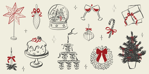 Whimsical party doodles featuring festive dinner table with Christmas tree, champagne pyramid and wine glasses, gift boxes with bows and holiday decorations in Crayon style. Vector illustration © Olga Rai