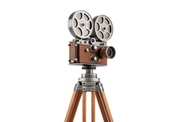 Vintage film camera with wooden body and reels on tripod, isolated on a transparent background