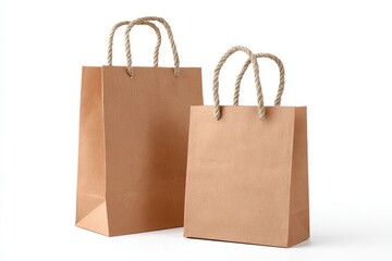 Two light brown paper shopping bags, one slightly larger than the other, with natural jute handles, against a white background
