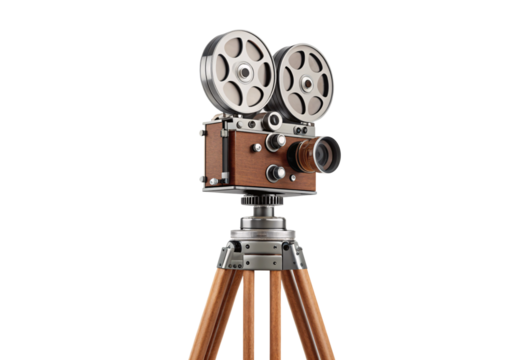 Vintage film camera with wooden body and reels on tripod, isolated on a transparent background