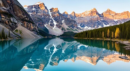 Stunning mountain range reflecting on tranquil lake at sunrise