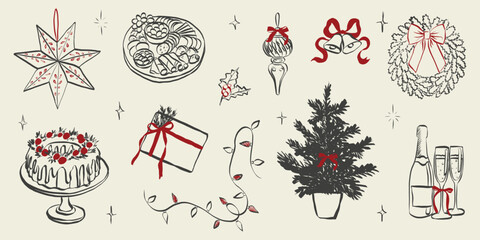 Fototapeta na wymiar Christmas party sketch illustration with vintage hand-drawn elements such as festive dinner setup, champagne bottles, wrapped presents, pine branches in cute doodle aesthetic