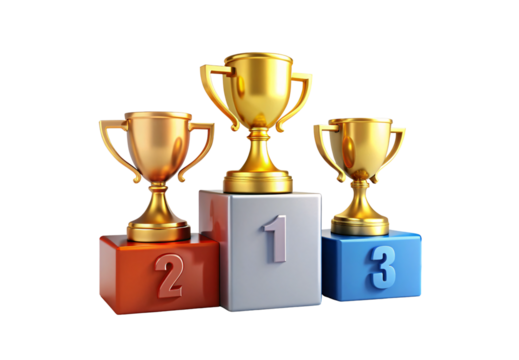 Gold silver bronze trophy cups displayed on numbered podium blocks, isolated on a transparent background