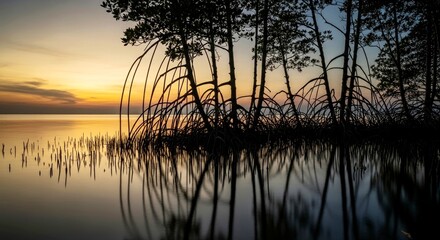 Mangrove trees silhouetted at sunset by calm water surface