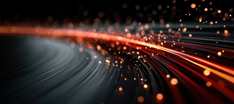 Glowing red arc on black background with soft warm light evoking starry night mood for cosmic minimal design sci-fi concept or abstract theme

