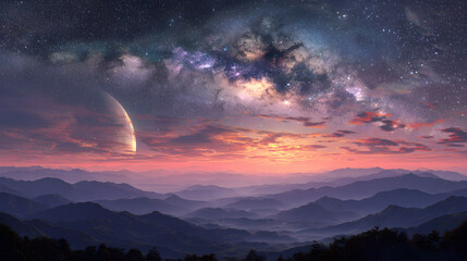 Milky Way glowing above mountains and planet at colorful twilight