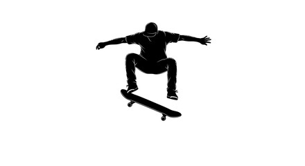 Dynamic skateboarder silhouette performing mid-air trick with reflection, conveying energy, youthfulness and a passion for extreme sports and urban lifestyle