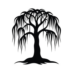 Black silhouette of a weeping willow tree on white background