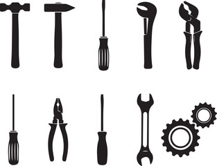 Silhouetted hand tools for repair and construction jobs in black and white