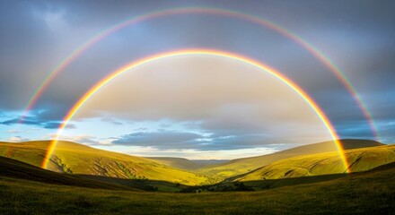 Majestic double rainbow arcing over green hills under cloudy sky
