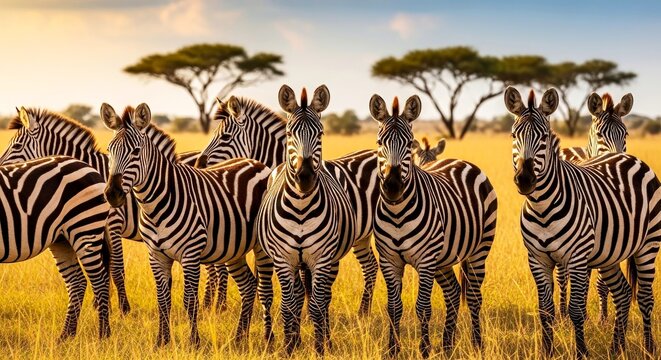 Group of zebras standing on savannah grassland at sunset  
