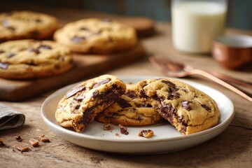 Chocolate chip cookies, broken in half, on plate