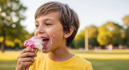 Enjoying ice cream on a sunny day, cheerful boy eats melting ice cream. Sunny day activities make for happy memories, perfect for celebrating Father's Day.