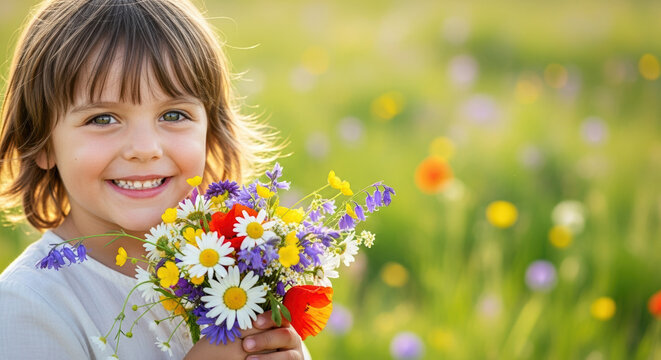 Smiling child holding flowers in sunny field. Child enjoys spring blooms, bright colors enhance child's joy. Special occasion is springtime day for heartfelt memories, child’s happiness is forever.