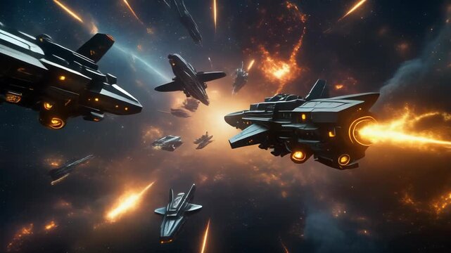 Futuristic spaceships firing weapons during intergalactic space battle in a nebula cloud with glowing laser beams and black cosmic background.