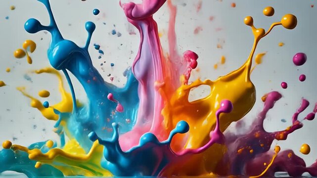 Colorful paints collide and create a dynamic abstract splash of yellow, blue, orange and pink liquid against a white background.
