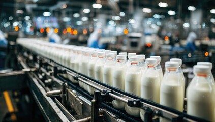Milk bottles on a conveyor belt in a modern dairy plant